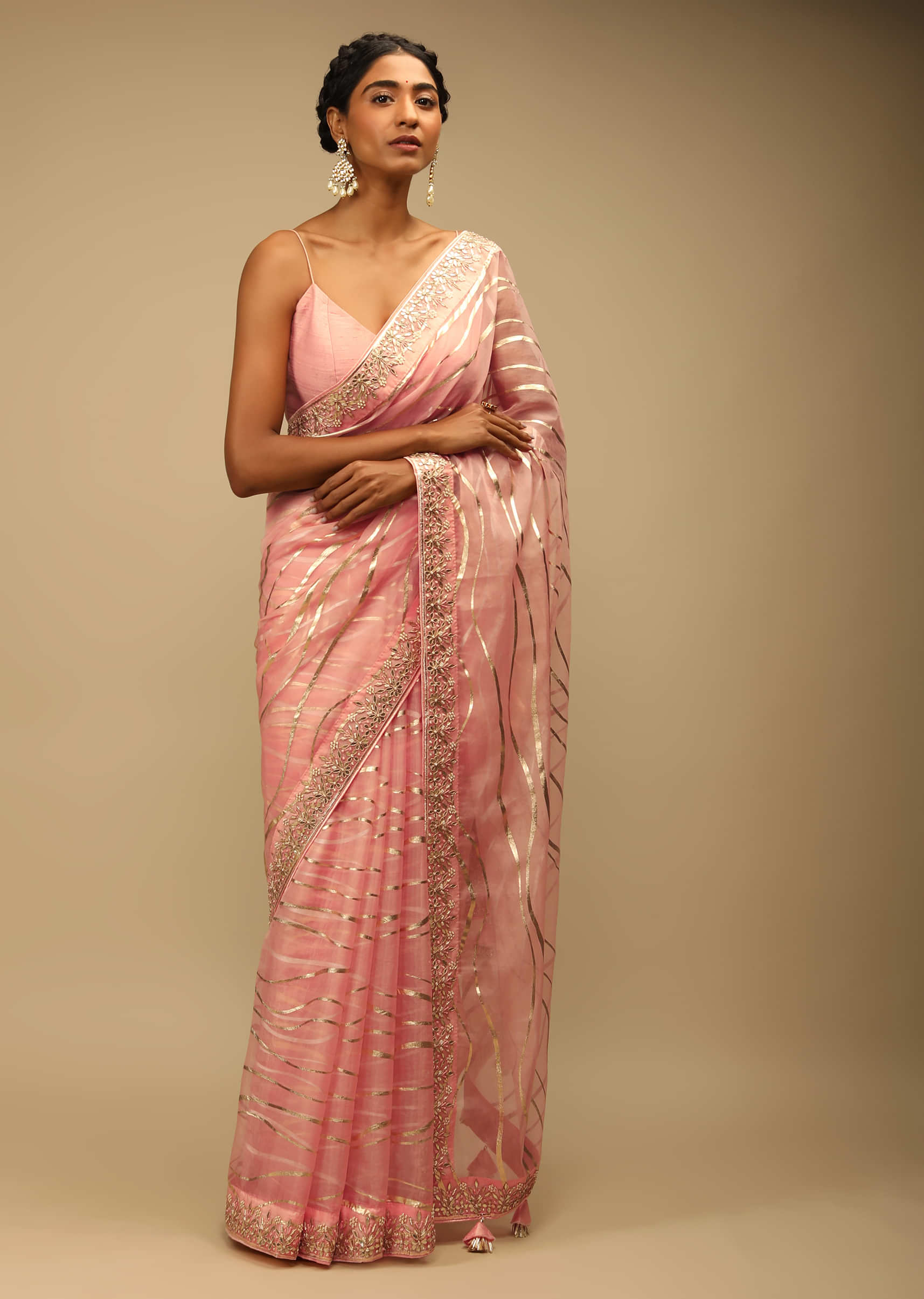 Peach Pink Saree In Organza With Foil Printed Wave Design And Gotta Border  