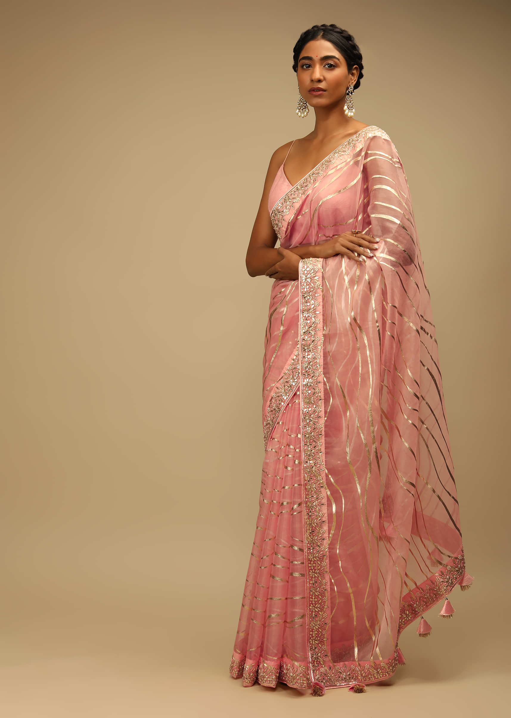 Peach Pink Saree In Organza With Foil Printed Wave Design And Gotta Border
