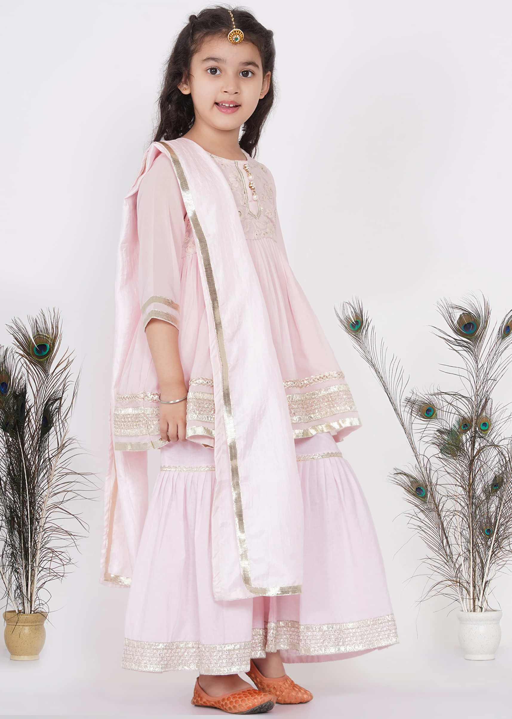 Kalki Candy Pink Sharara Suit For Girls In Cotton With Embroidery In Gotta Patti And Jaipuri Lacework
