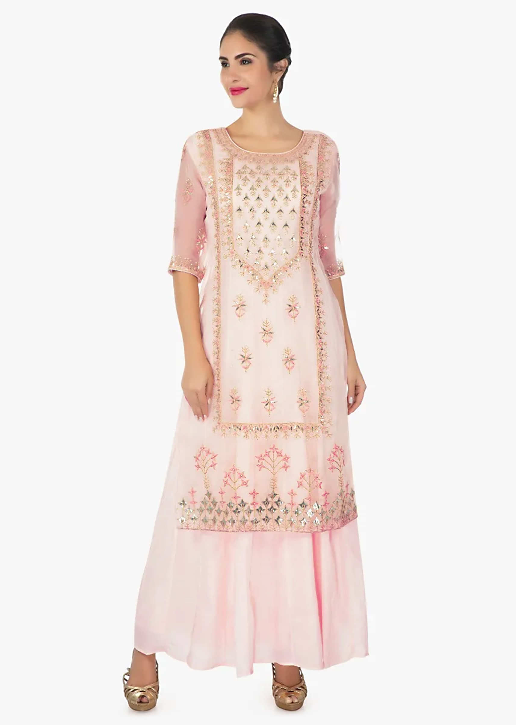 Baby pink Suit With Organza Silk Top Layer In Zardosi, Resham And Moti Work  