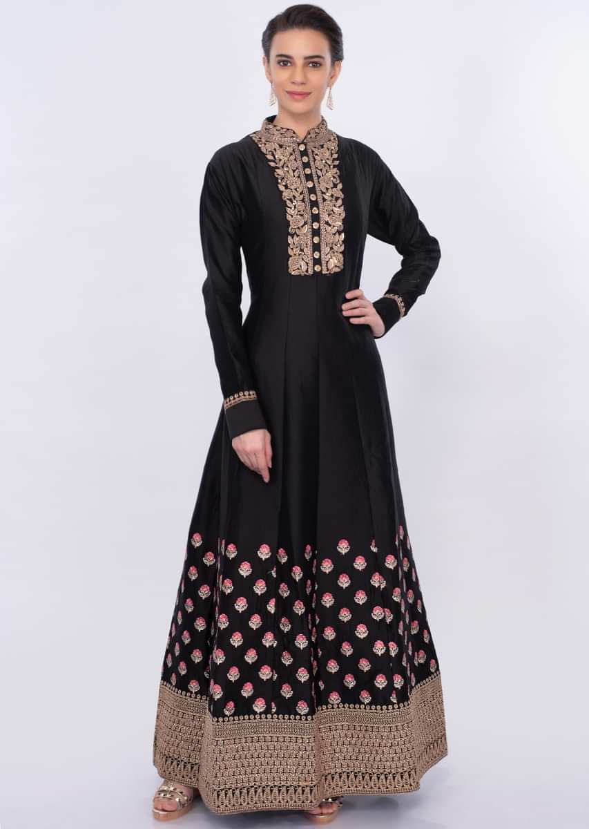 Black Floral Embroidered Anarkali Dress Online - Kalki Fashion