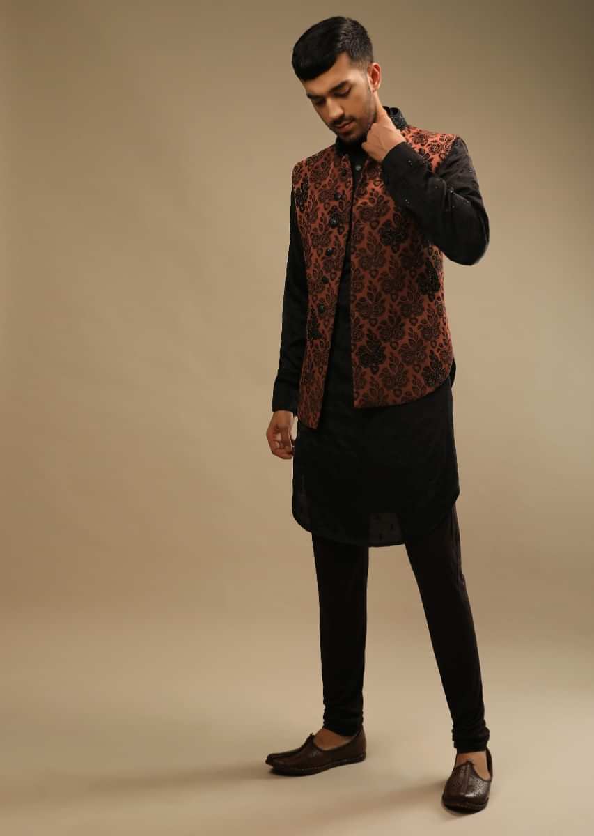 Baked Clay Brown Nehru Jacket In Satin Silk With Embroidered Floral Jaal And Black Embroidered Kurta Set  