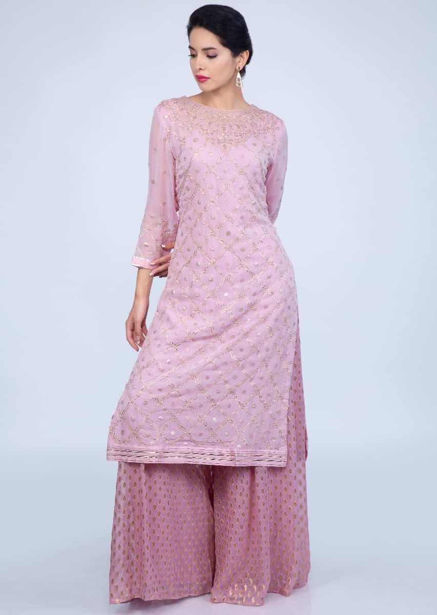 Ballet Pink Suit In Embroidered Georgette With Weaved Palazzo And Chiffon Dupatta Online - Kalki Fashion