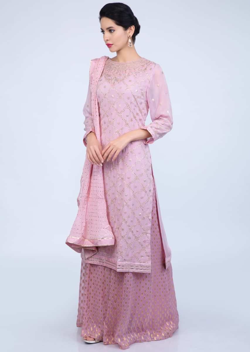 Ballet Pink Suit In Embroidered Georgette With Weaved Palazzo And Chiffon Dupatta Online - Kalki Fashion