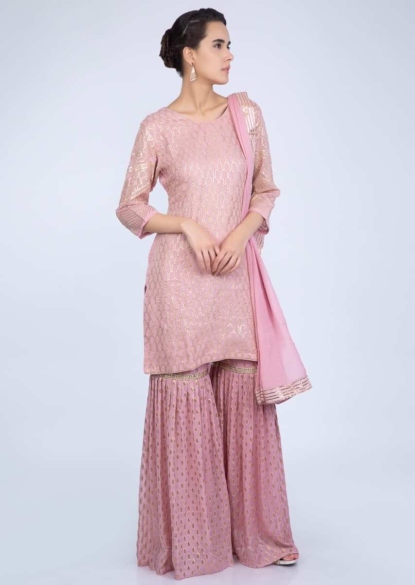 Ballet Pink Sharara Suit Set In Zari And Weaved Work Online - Kalki Fashion