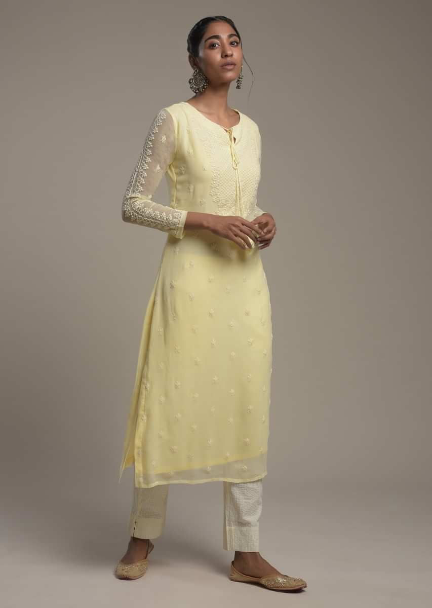 Banana Yellow Straight Cut Kurti In Georgette With Lucknowi Thread Embroidered Buttis And Yoke Design Online - Kalki Fashion