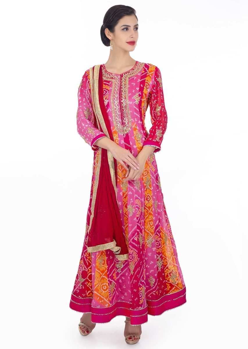 Bandhani Anarkali Suit In Georgette With Shades Of Pink And Orange Paired With Rani Pink Chiffon Dupatta Online - Kalki Fashion