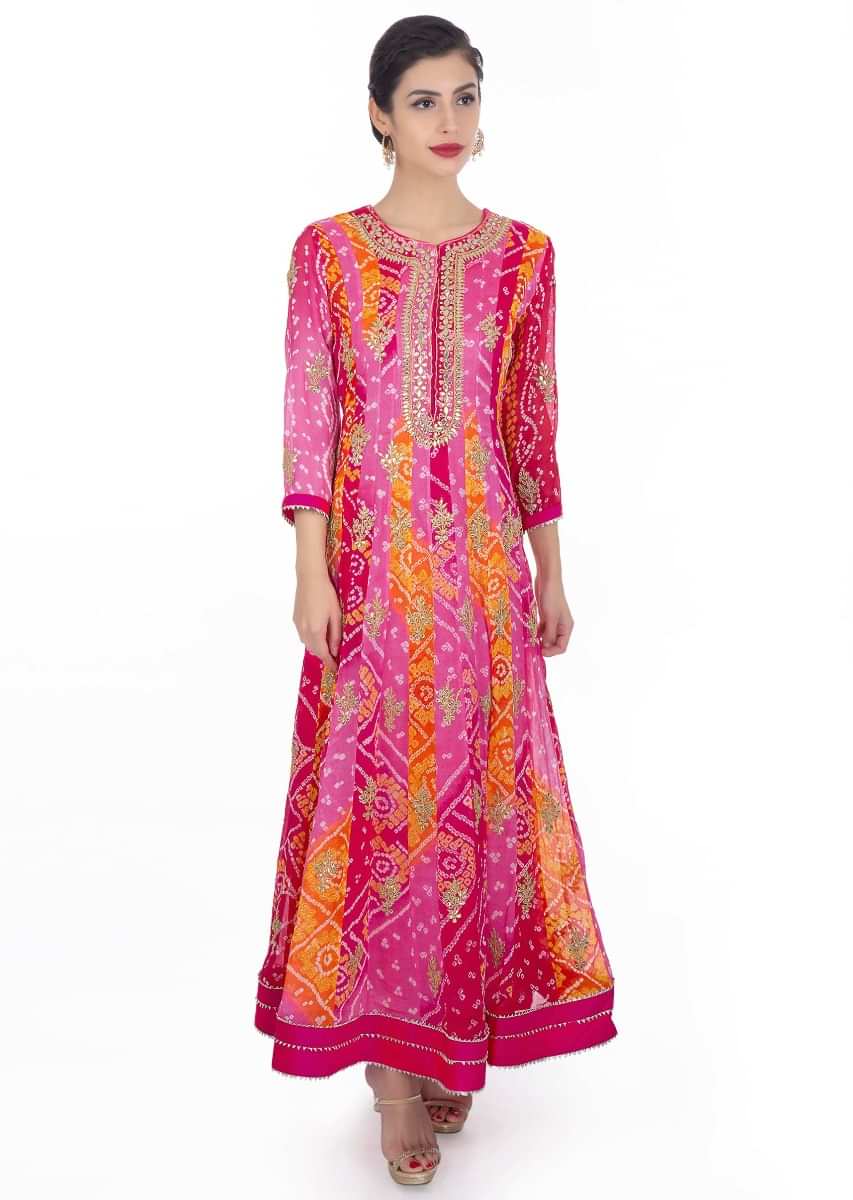 Bandhani georgette anarkali suit n shades of pink and orange paired  with rani pink  chiffon dupatta 