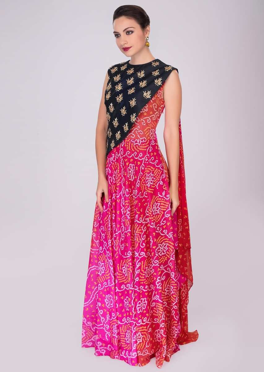Bandhani print shaded tunic dress paired with a fancy embroidered jacket 
