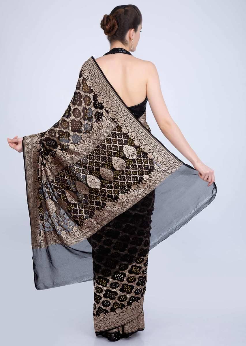 Bandhani printed black saree featured in moroccan motif only on kalki