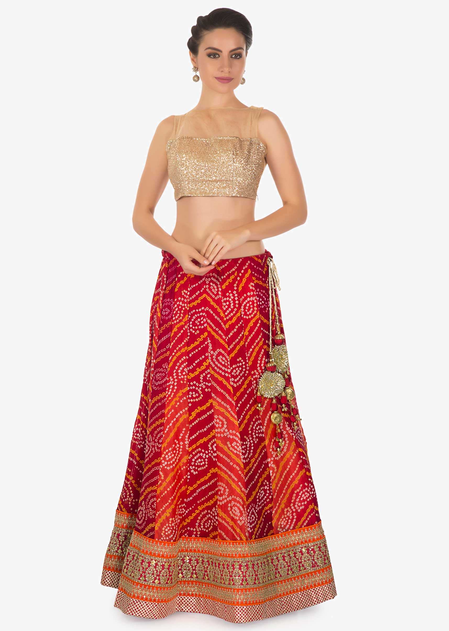 Bandheni georgette lehenga with alternate kali matched with peach georgette dupatta only in kalki