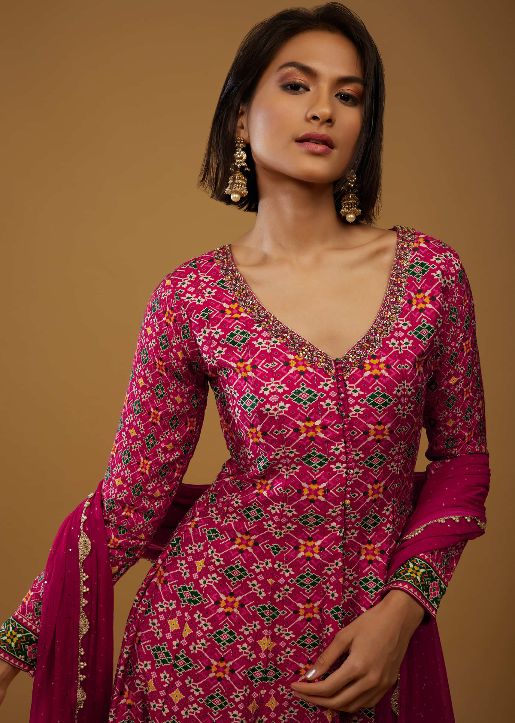 Magenta Pink Anarkali Suit With Bandhani Print And Embroidery