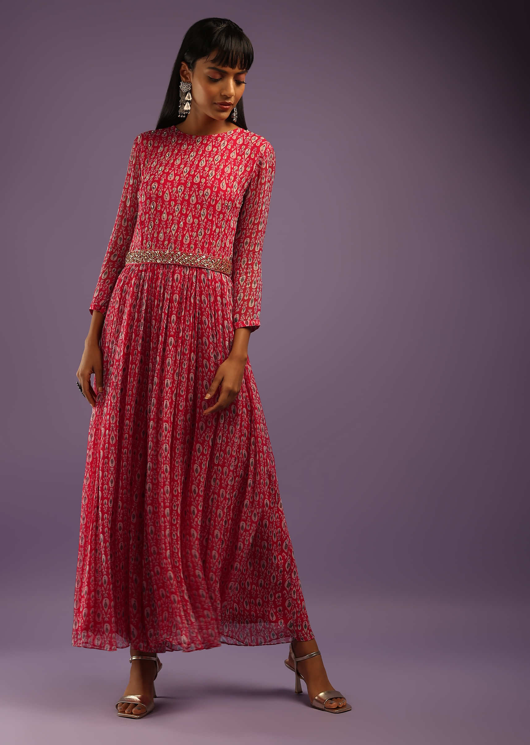 Barberry Red Jumpsuit In Georgette With All Over Print And Zari Highlights On The Bodice  