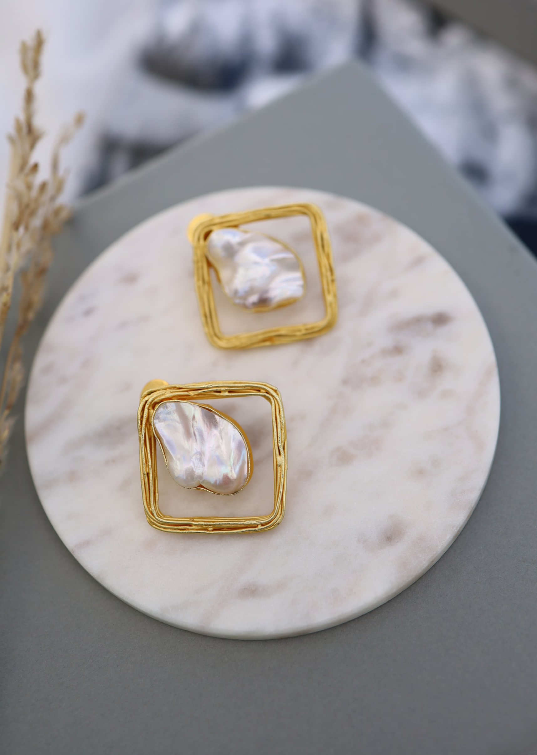Baroque Gold Square Shaped White Moti Stud Earrings