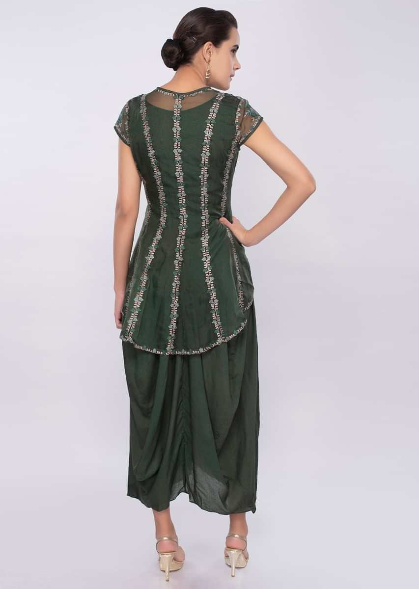 Basil green cotton tunic with gathers paired with additional organza jacket only on Kalki