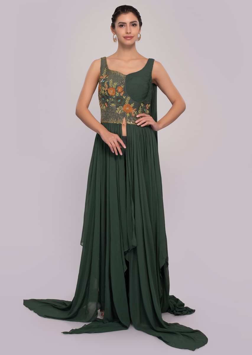 Basil Green Skirt In Net Paired With Long Peach Georgette Top Online - Kalki Fashion