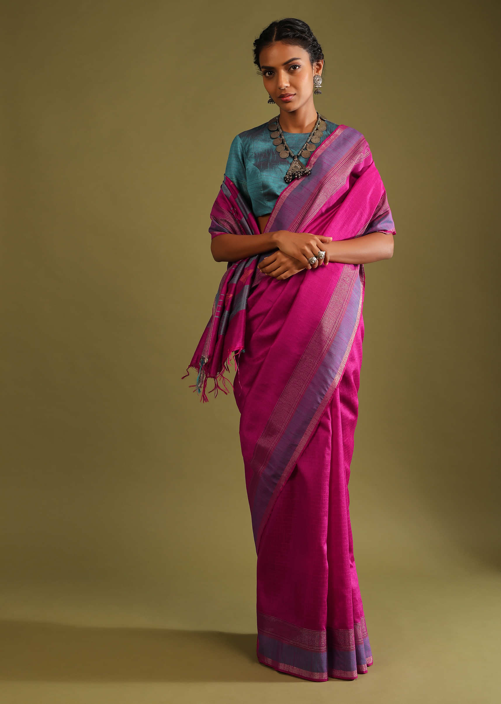 Baton Rouge Purple Saree In Tussar Silk With Multi Colored Thread Embroidered Abstract Design On The Pallu  