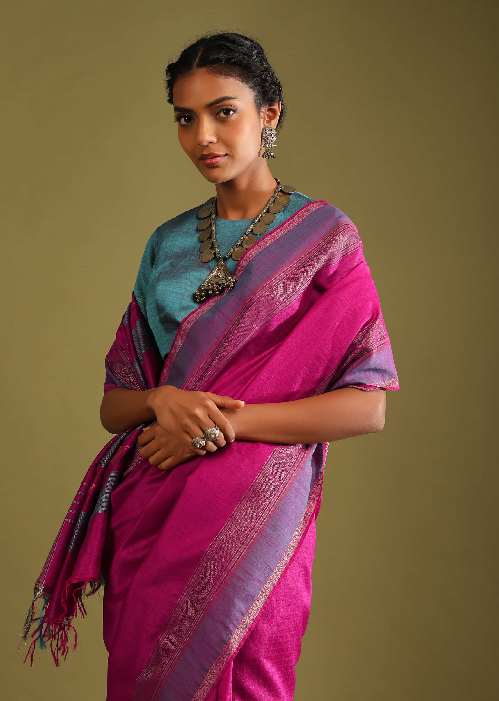 Baton Rouge Purple Saree In Tussar Silk With Multi Colored Thread Embroidered Abstract Design On The Pallu  