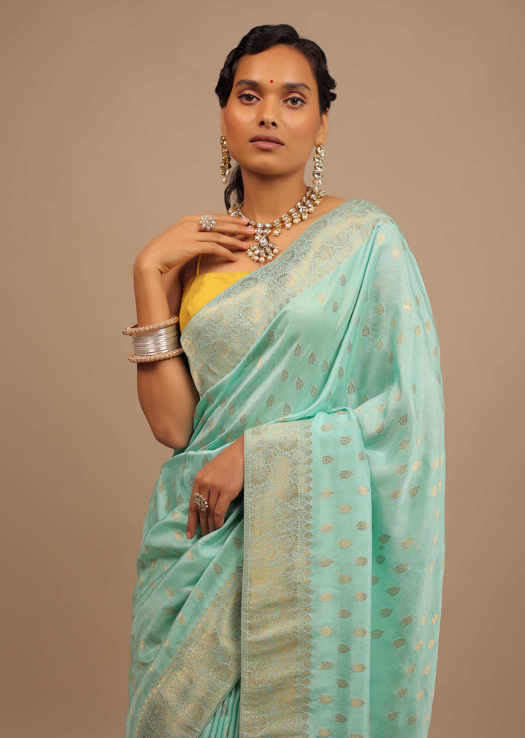 Sky Blue Saree In Dola Silk With Woven Leaf Buttis And Moroccan Weave On Pallu