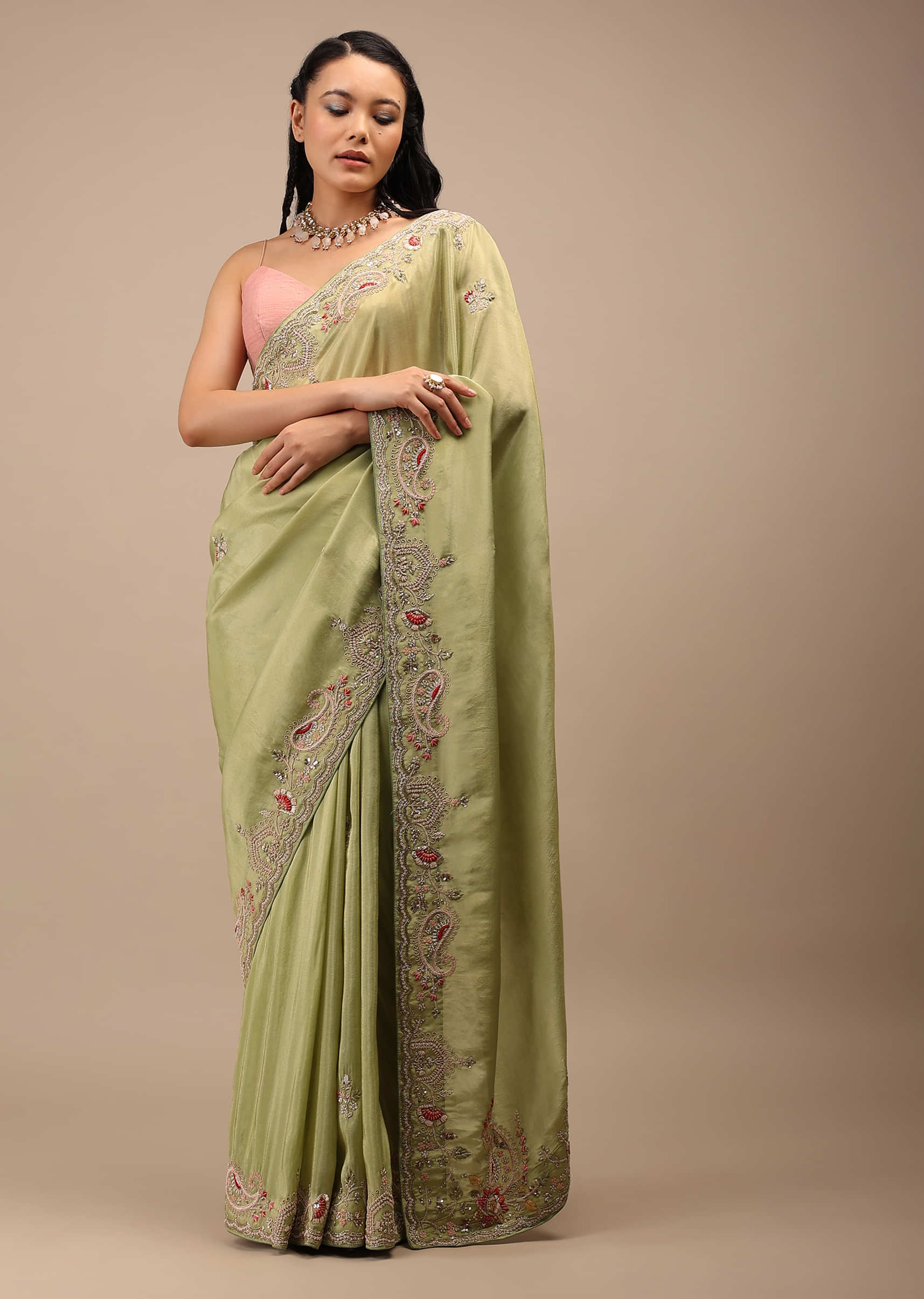 Beechnut Green Tissue Saree In Zardozi Embroidery Buttis, It Comes In An Embroidery Border In Multi-Color French Knots Detailing