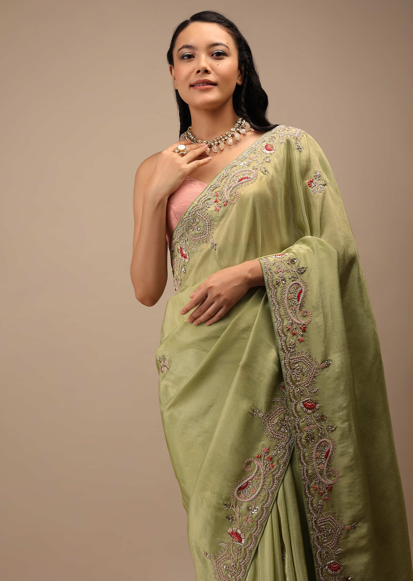 Beechnut Green Tissue Saree In Zardozi Embroidery Buttis, It Comes In An Embroidery Border In Multi-Color French Knots Detailing