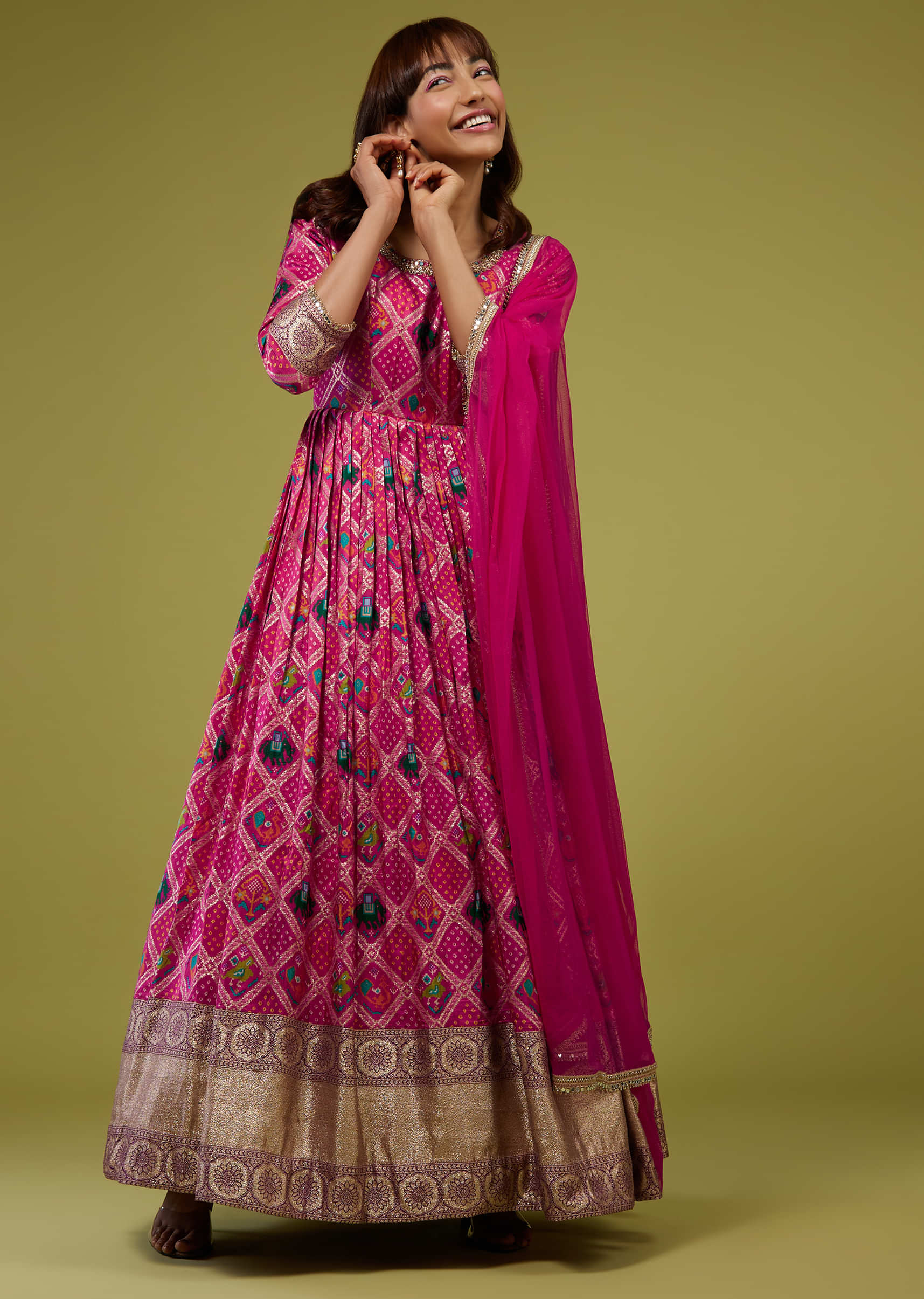 Hot Pink Silk Anarkali Set