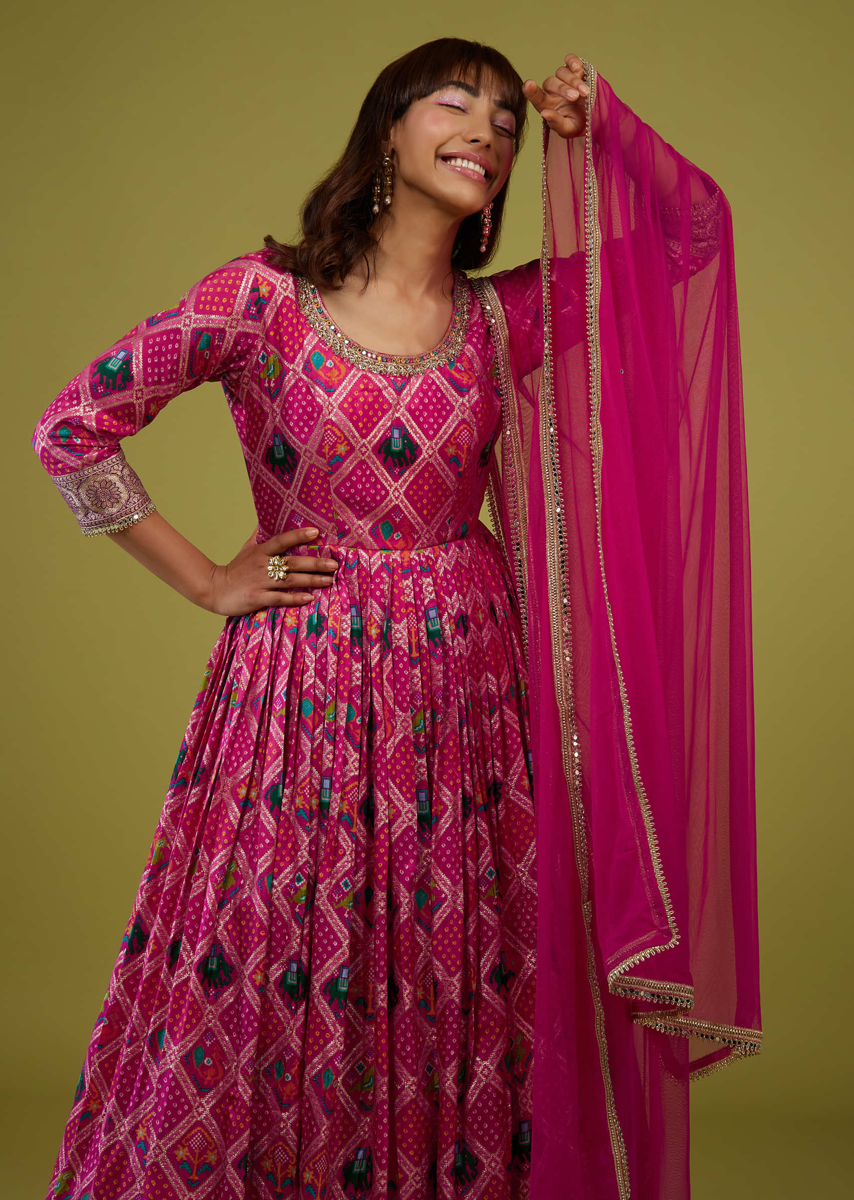 Hot Pink Silk Anarkali Suit With Banarasi Zari Border
