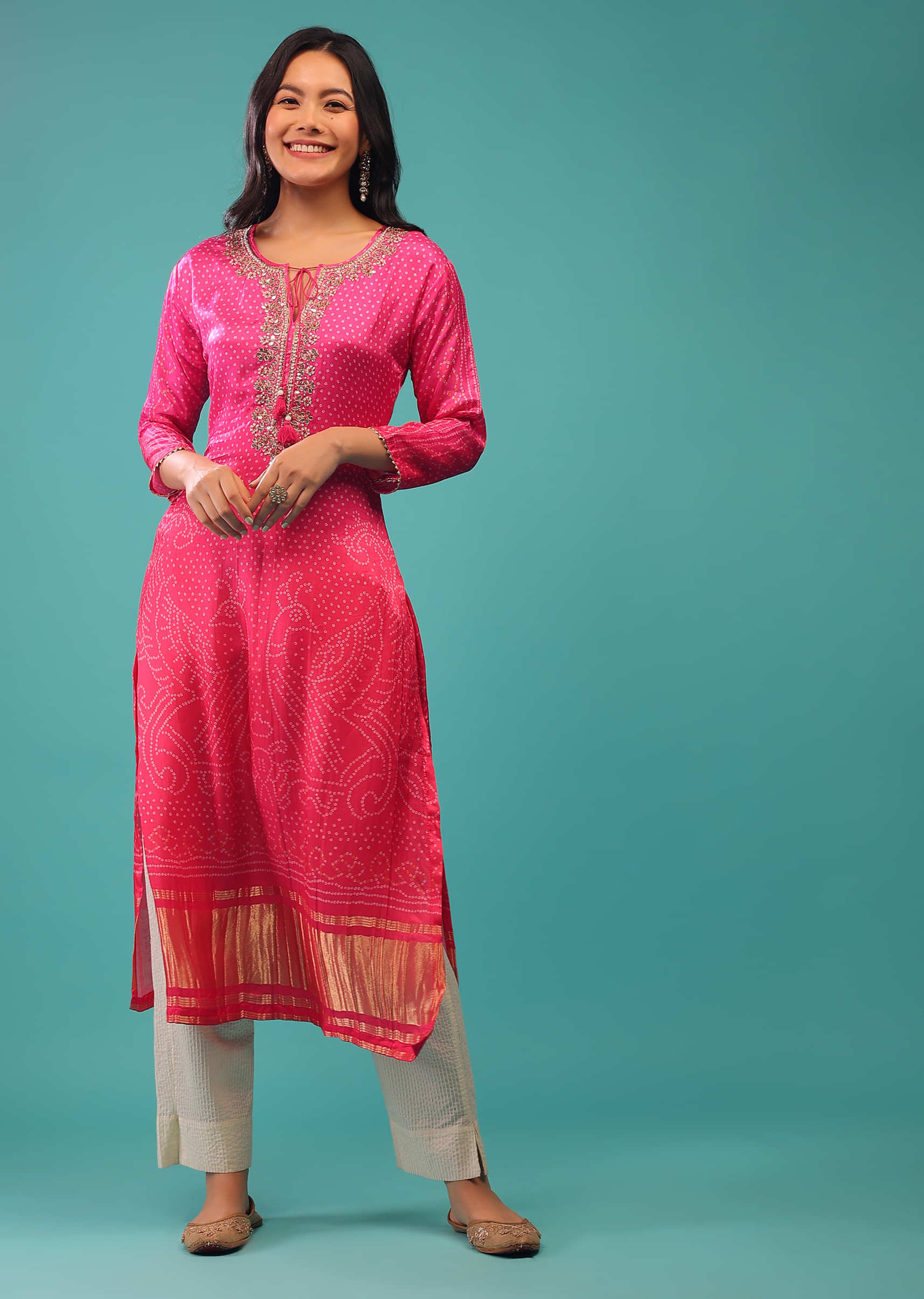 Hot Pink Kurti With Brocade Border In Gold Color