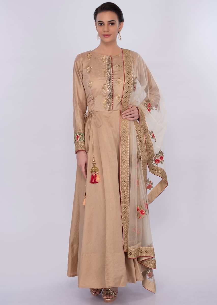 Beige Anarkali Dress With Net Floral Embroidered Dupatta Online - Kalki Fashion