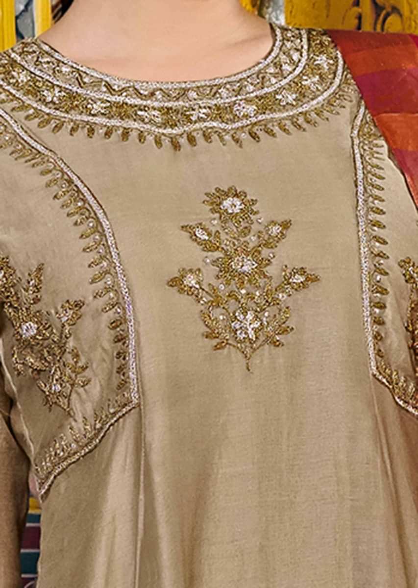 Beige anarkali suit in silk with cod zari and sequin embroidery 
