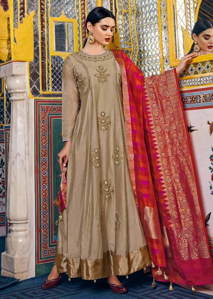 Beige anarkali suit in silk with cod zari and sequin embroidery 