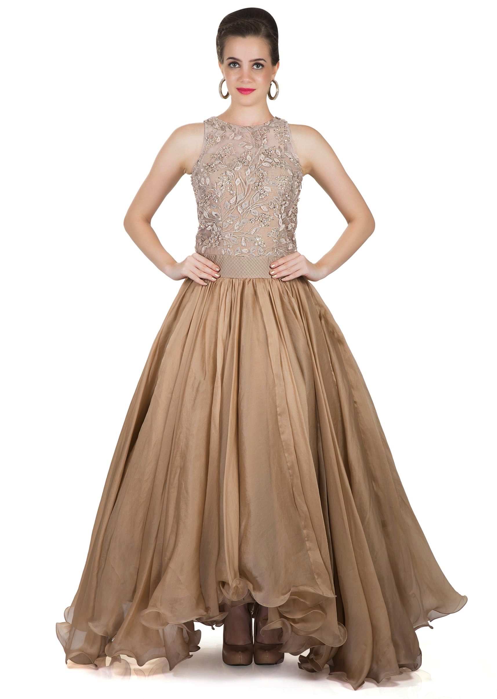 Beige and Gold Organza and Fancy Embroidered Net Gown Only on Kalki only on Kalki