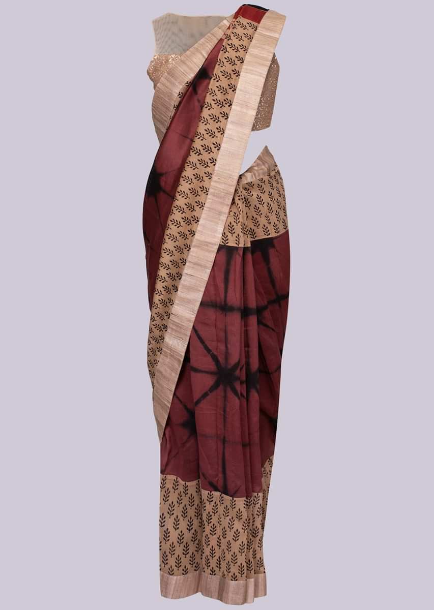 Beige And Rust Saree With Batik Print And Tie And Dye Pattern Online - Kalki Fashion