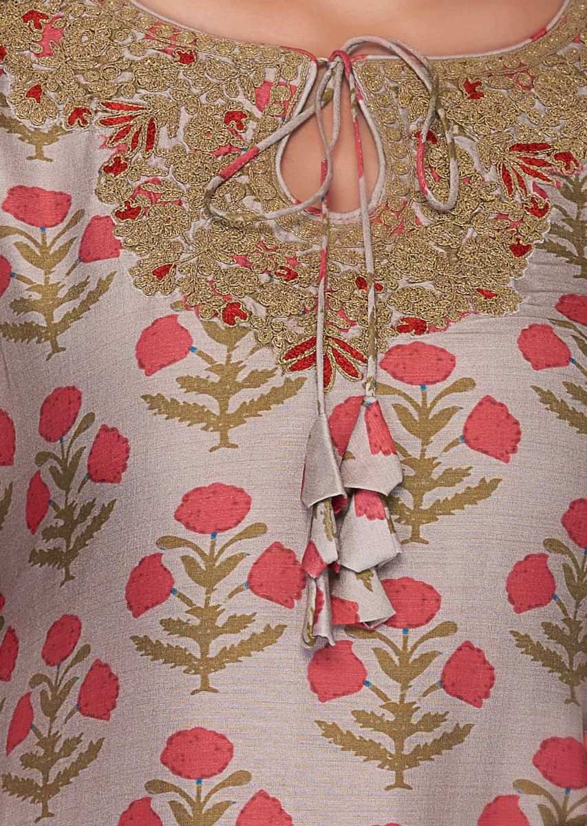 Beige cotton silk kurti with floral printed butti 