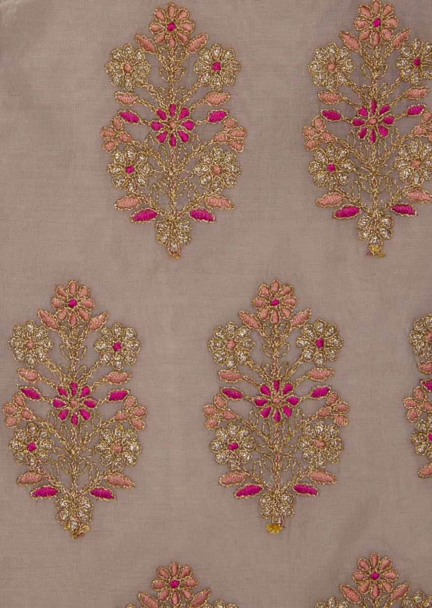 Beige cotton silk unstitched suit in embroidery and butti work 