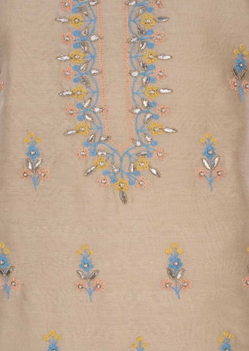 Beige Unstitched Suit In Cotton With Embroidery And Butti Online - Kalki Fashion