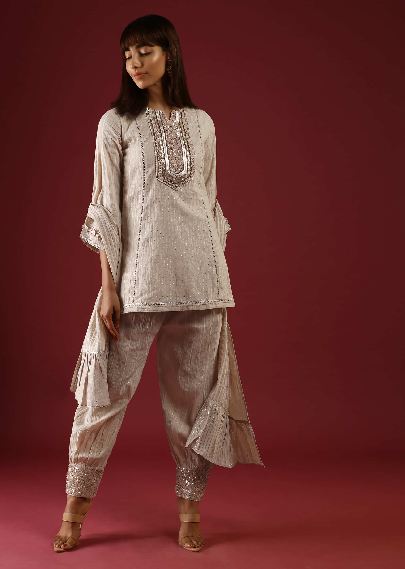 Beige Dhoti Suit In Cotton With Gotta Patti Embroidered Yoke And Bell Sleeves  