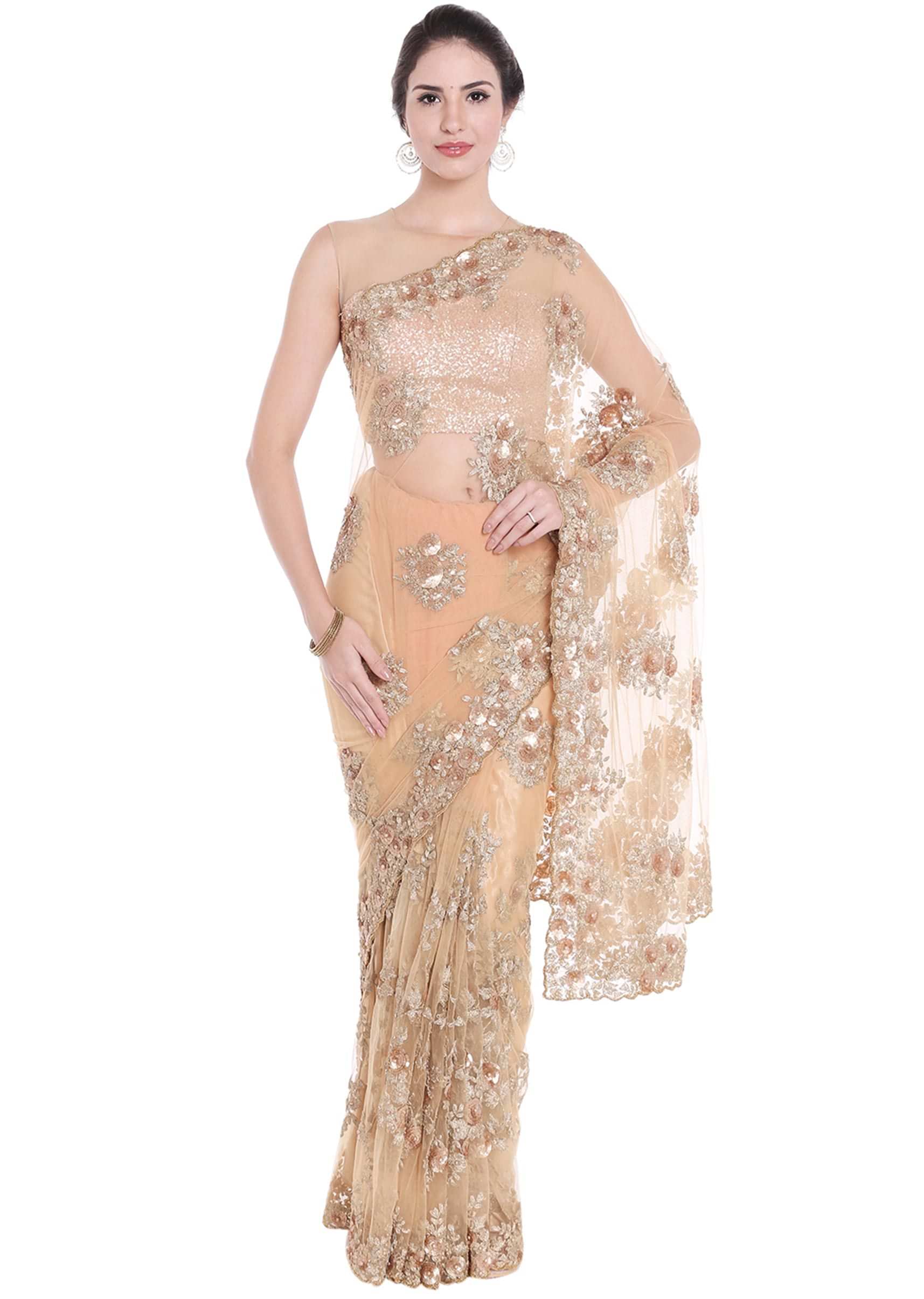Beige gold saree in net with zari and sequin butti only on Kalki