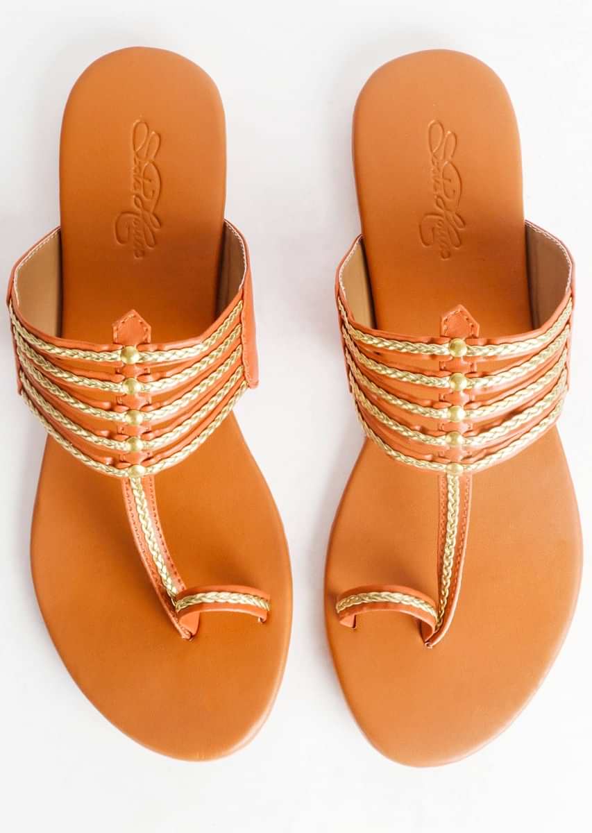 Beige Kolhapuri With Gold Braiding And Gold Rivets By Sole House