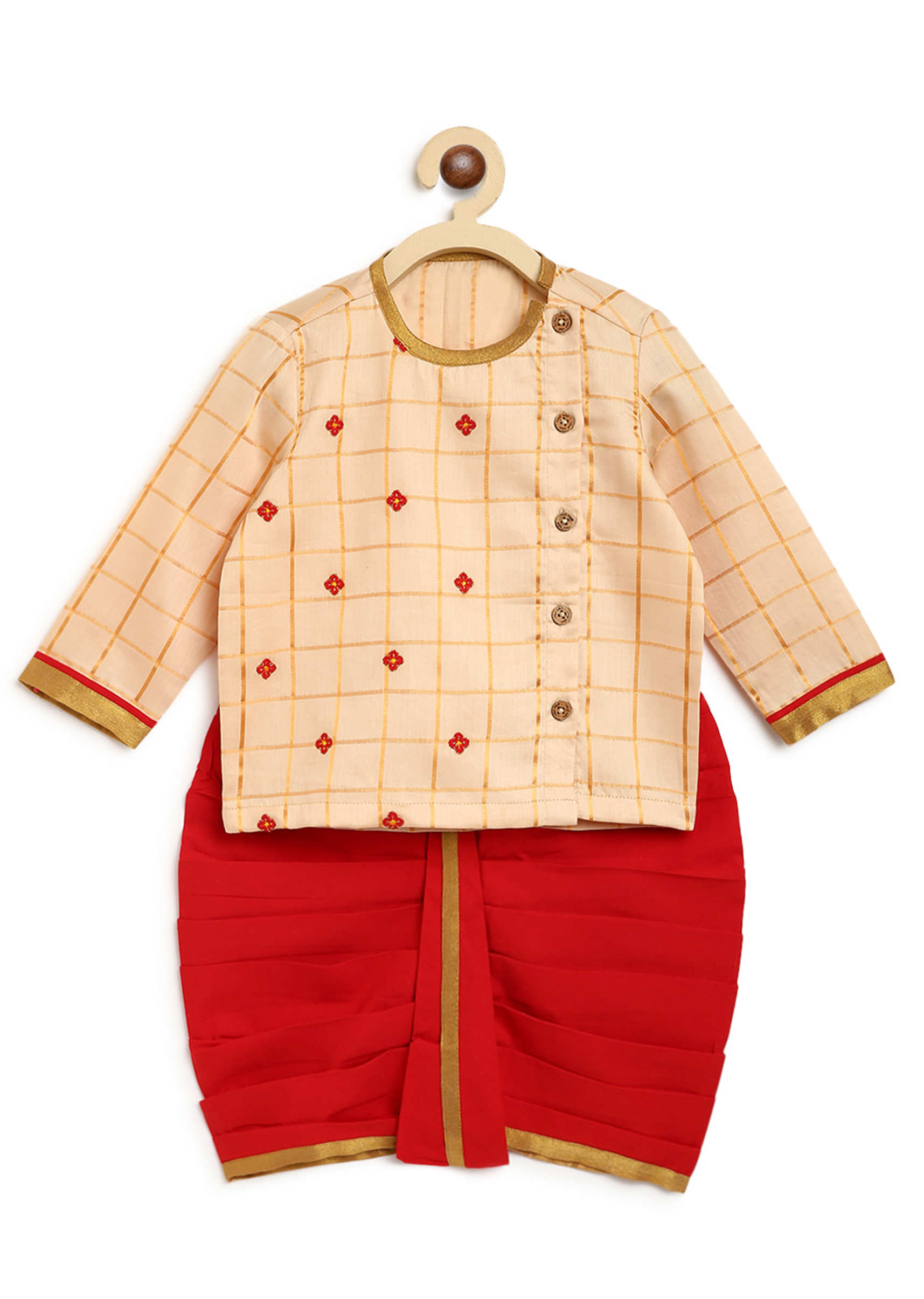Kalki Boys Beige Kurta And Red Dhoti Set In Cotton With Thread Embroidery Detailing By Tiber Taber