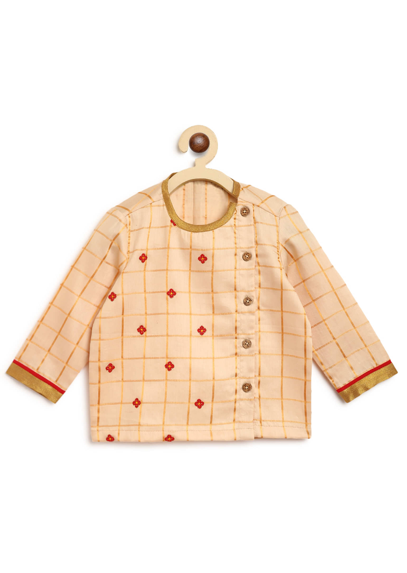 Kalki Boys Beige Kurta And Red Dhoti Set In Cotton With Thread Embroidery Detailing By Tiber Taber