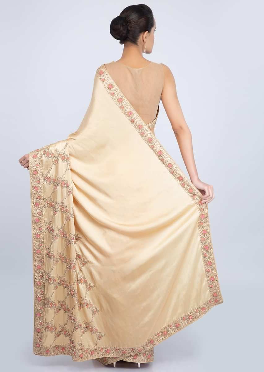 Beige Saree In Satin With Embroidered Lower Bottom And Pallo Online - Kalki Fashion