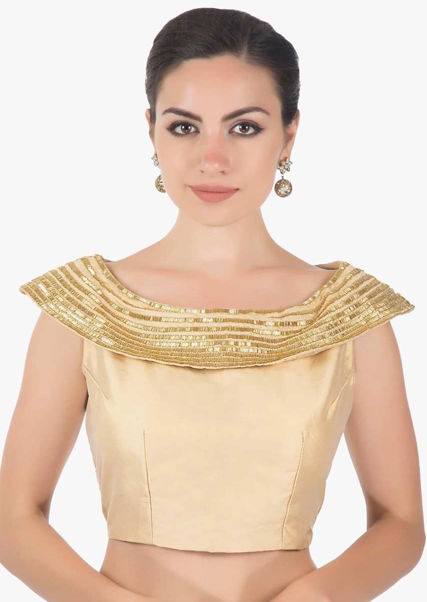 Beige Blouse In Silk With Cowl Neck Studed With Cut Danna Online - Kalki Fashion