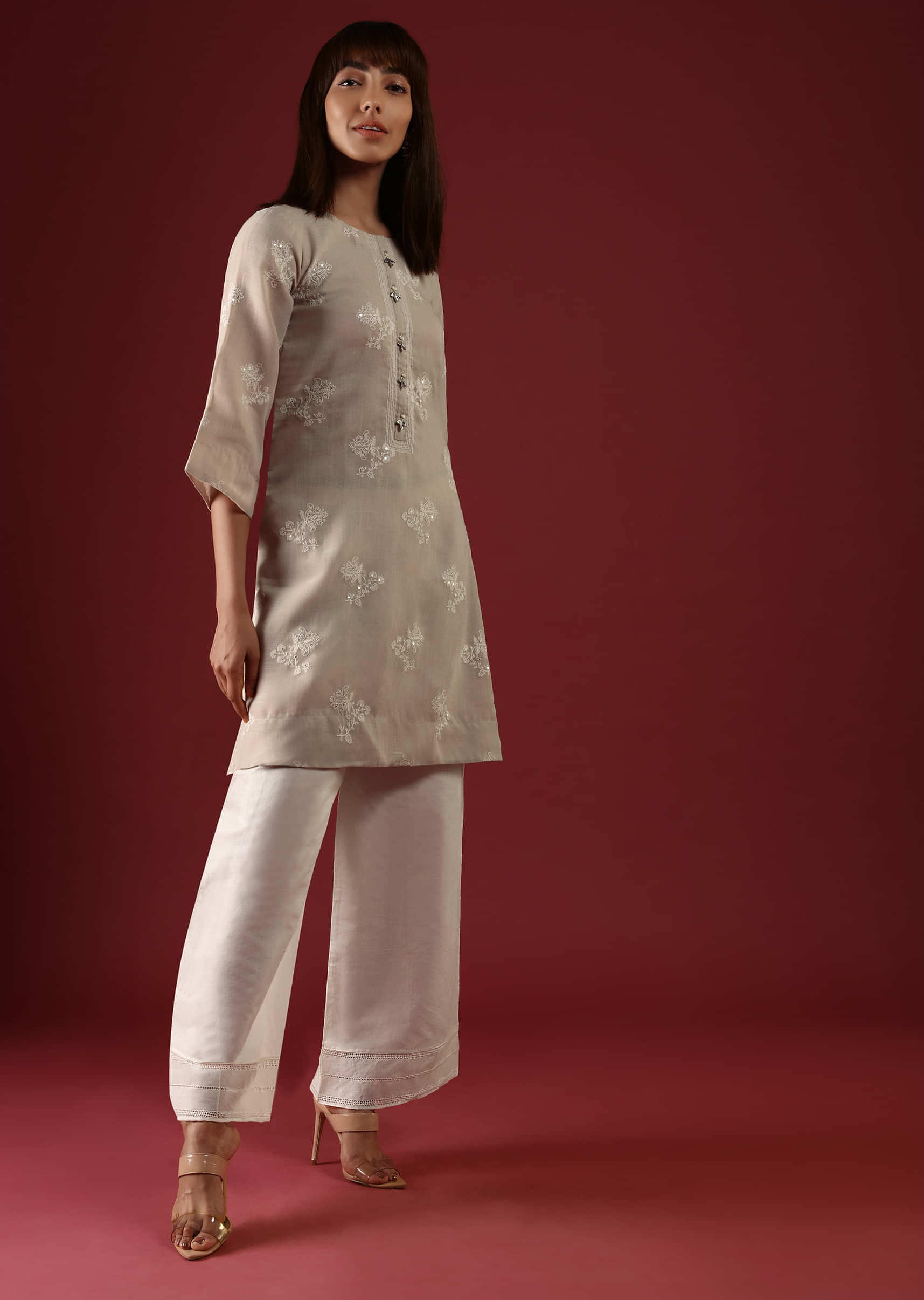Beige Straight Cut Kurta Set With Thread And Sequins Embroidered Floral Buttis  