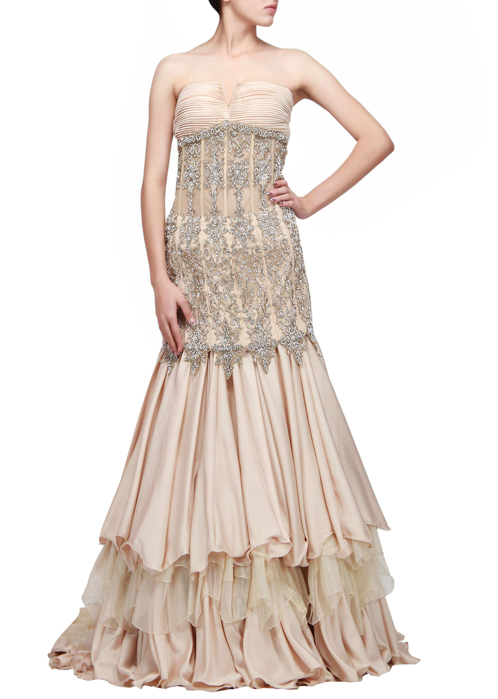 Beige strapless gown featuring with embroidered corset bodice only on Kalki