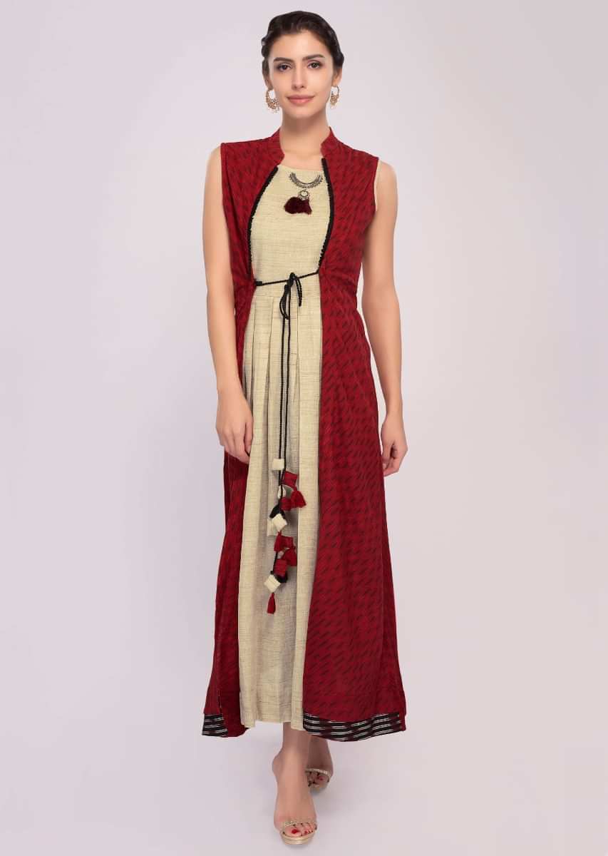 Beige Tunic Dress Paired With A Printed Red Jacket With Tie Ups Online - Kalki Fashion