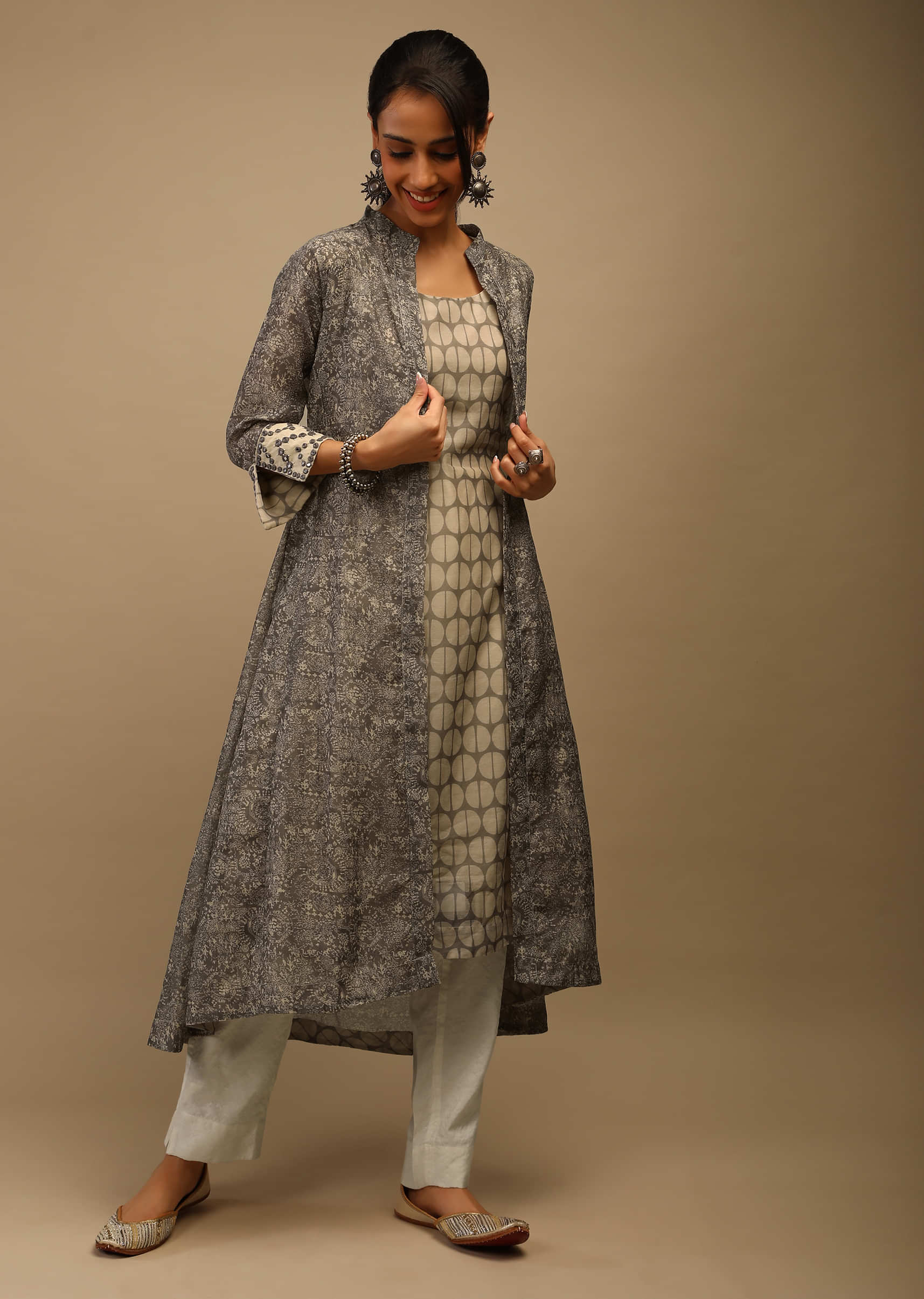 Beige A Line Tunic And Jacket Set In Cotton With Geometric And Jaal Print 