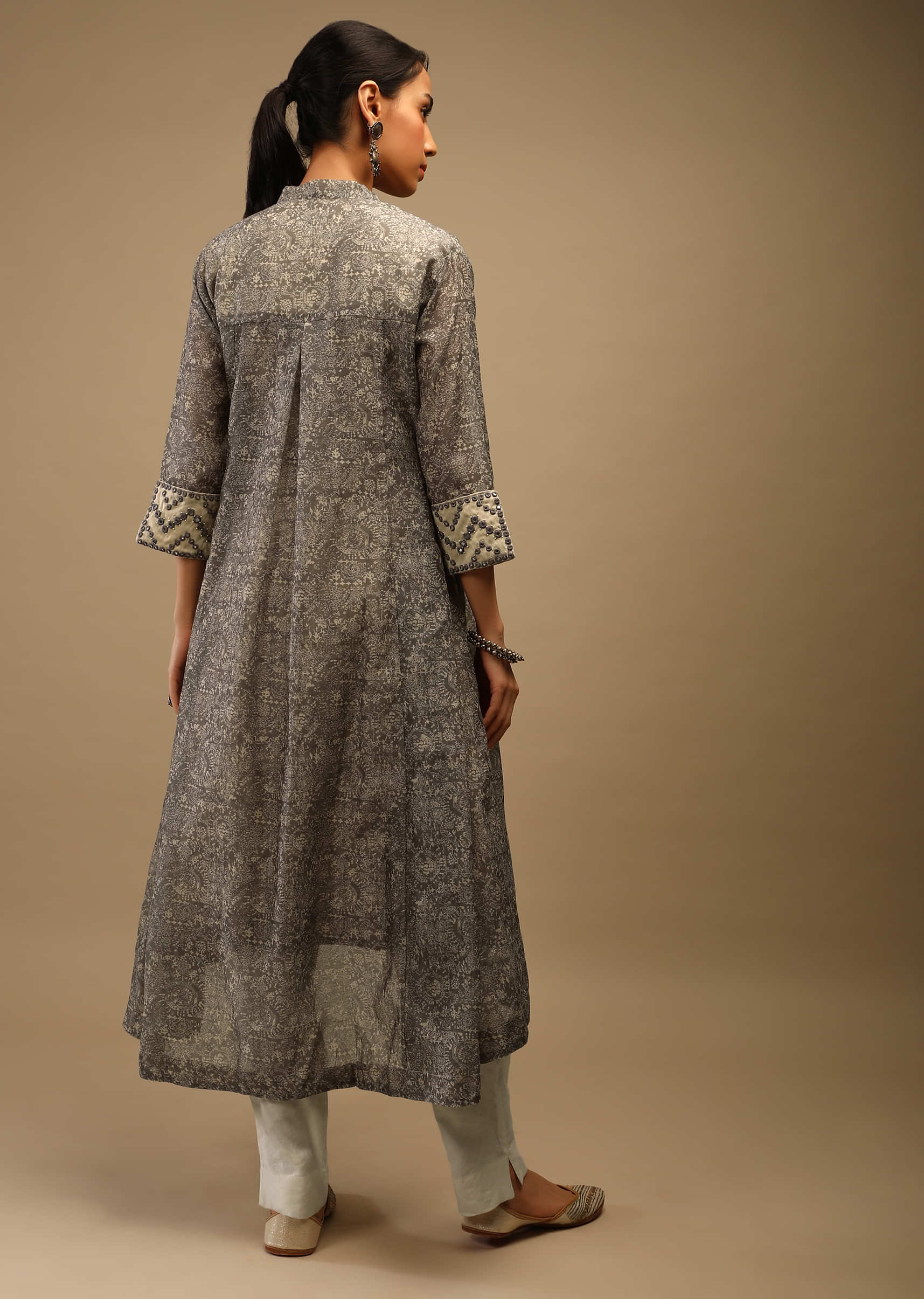 Beige A Line Tunic And Jacket Set In Cotton With Geometric And Jaal Print 