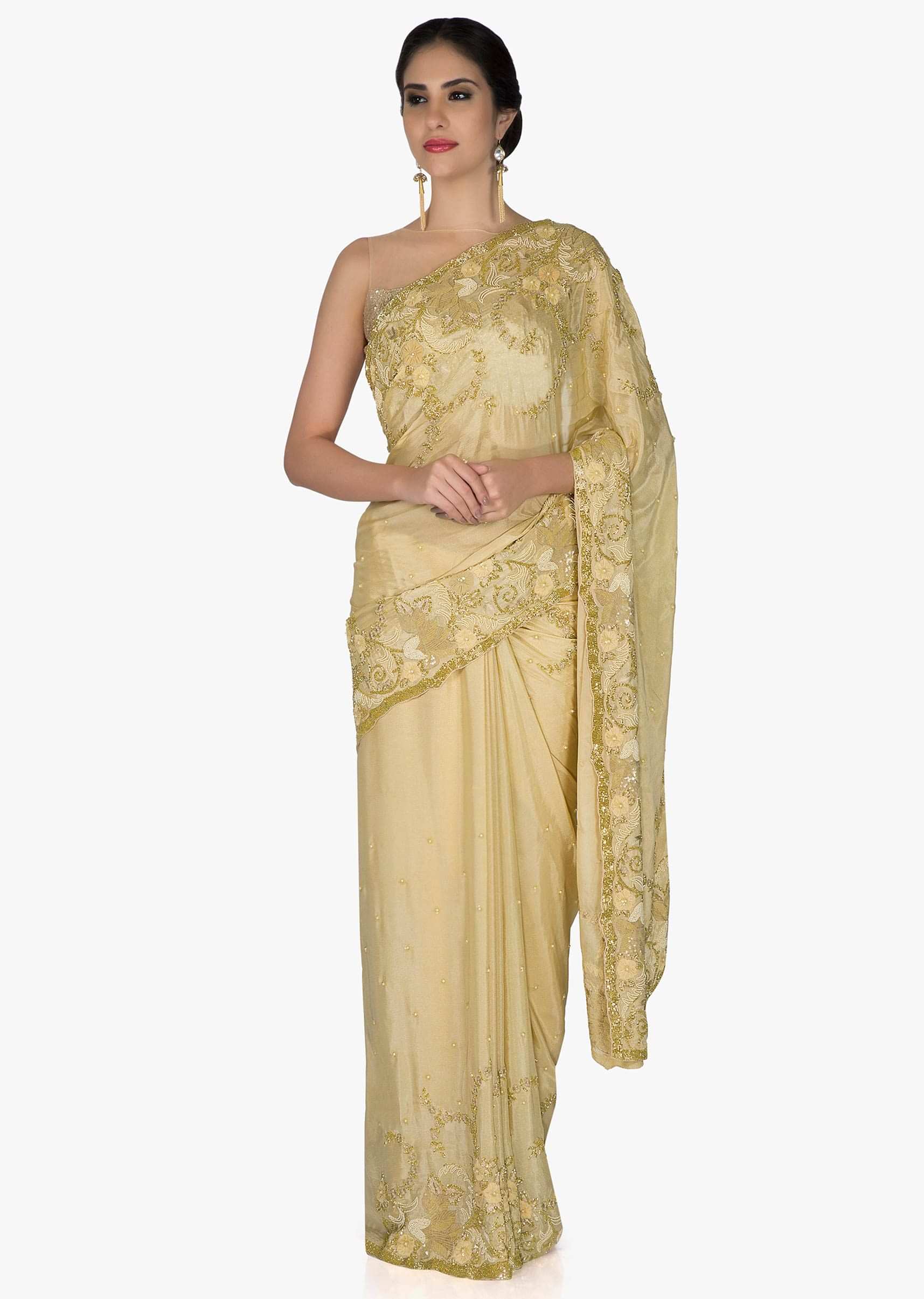 Beige Chiffon Saree and Blouse Crafted with Zari, Cut Dana and Moti only on Kalki