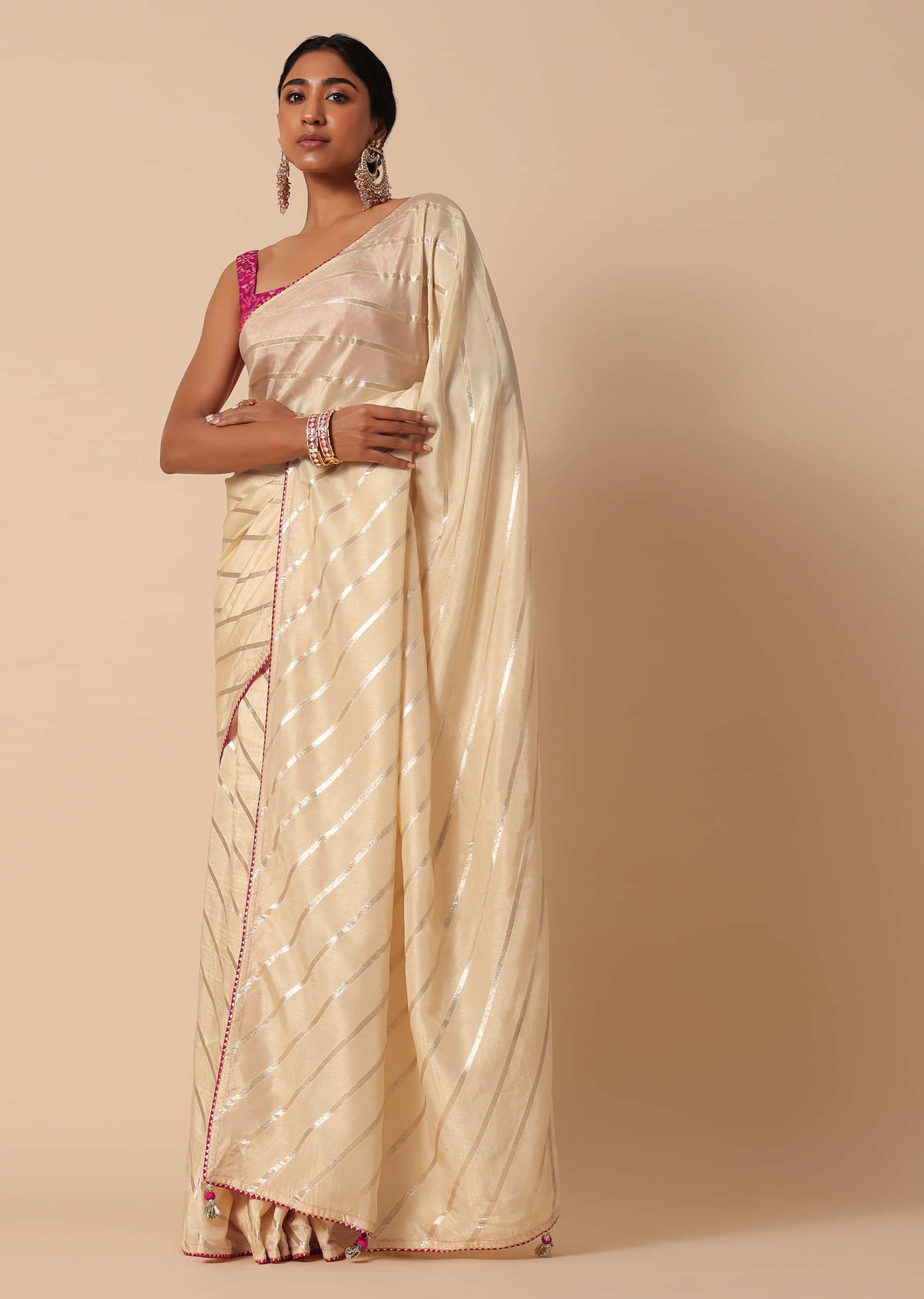 Buy Off-White Unstitched Sequins Saree And Blouse With Cowl Sleeves And  Tassels KALKI Fashion India